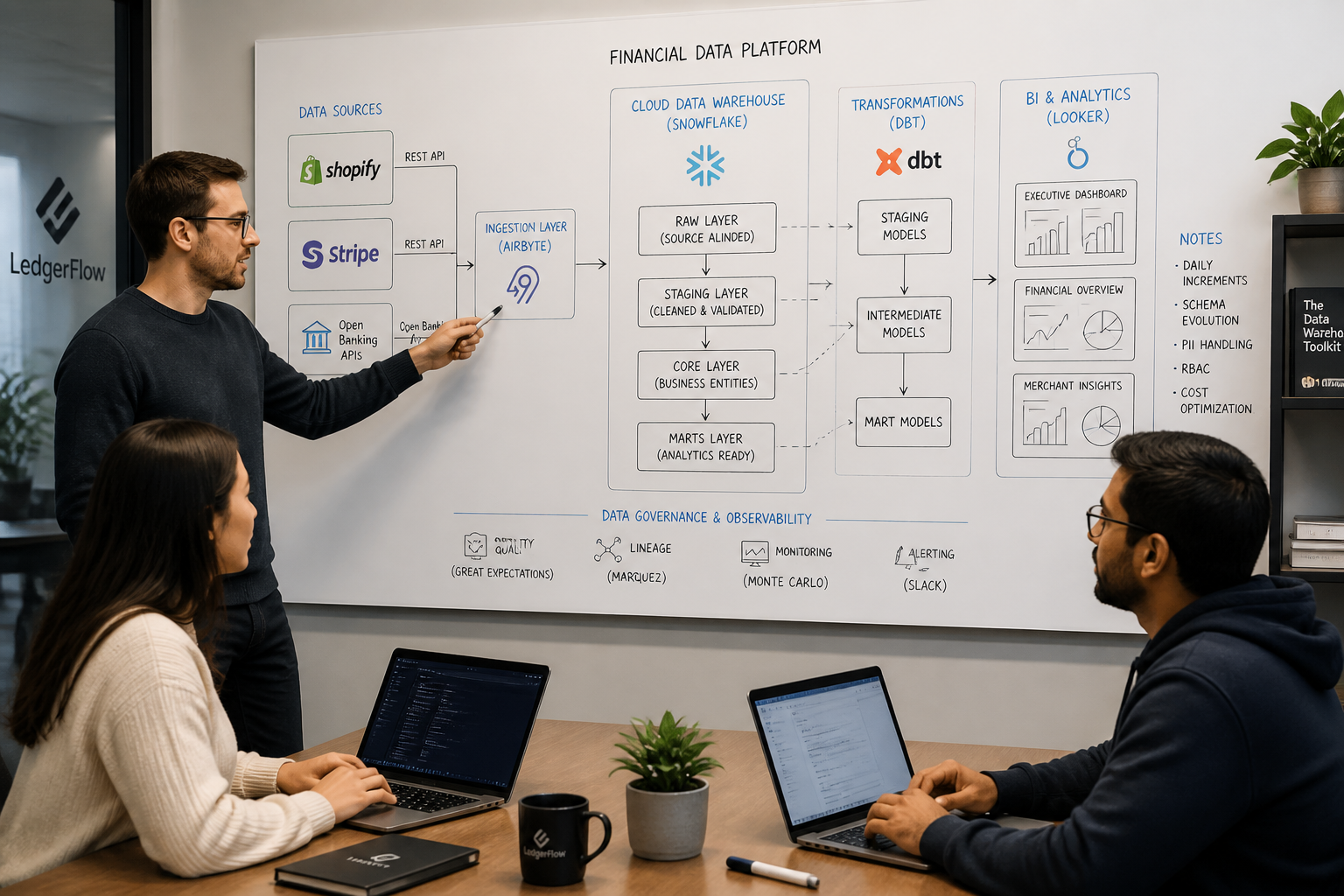 Fintech data engineering team designing RBF analytics pipeline architecture on whiteboard