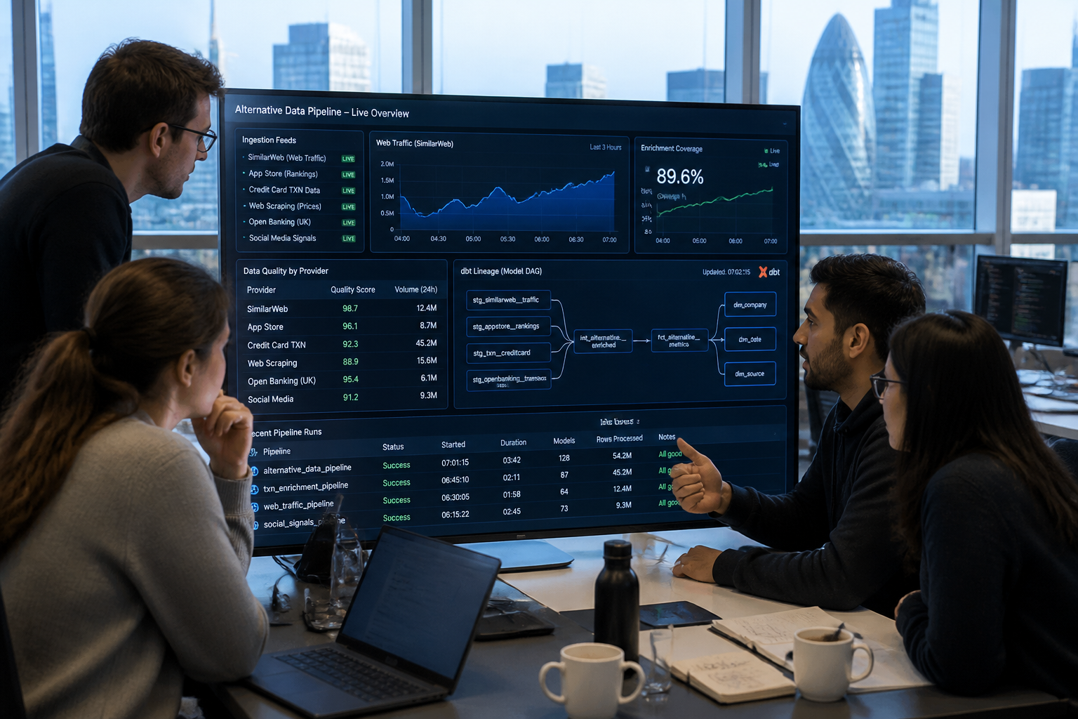 Fintech data engineering team reviewing alternative data pipeline quality dashboard with multiple external feed signals