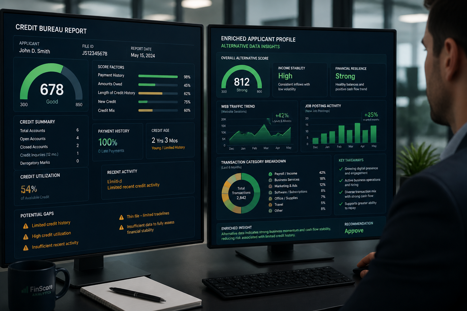 Credit analyst workstation comparing traditional bureau data gaps with alternative data enrichment signals for fintech underwriting