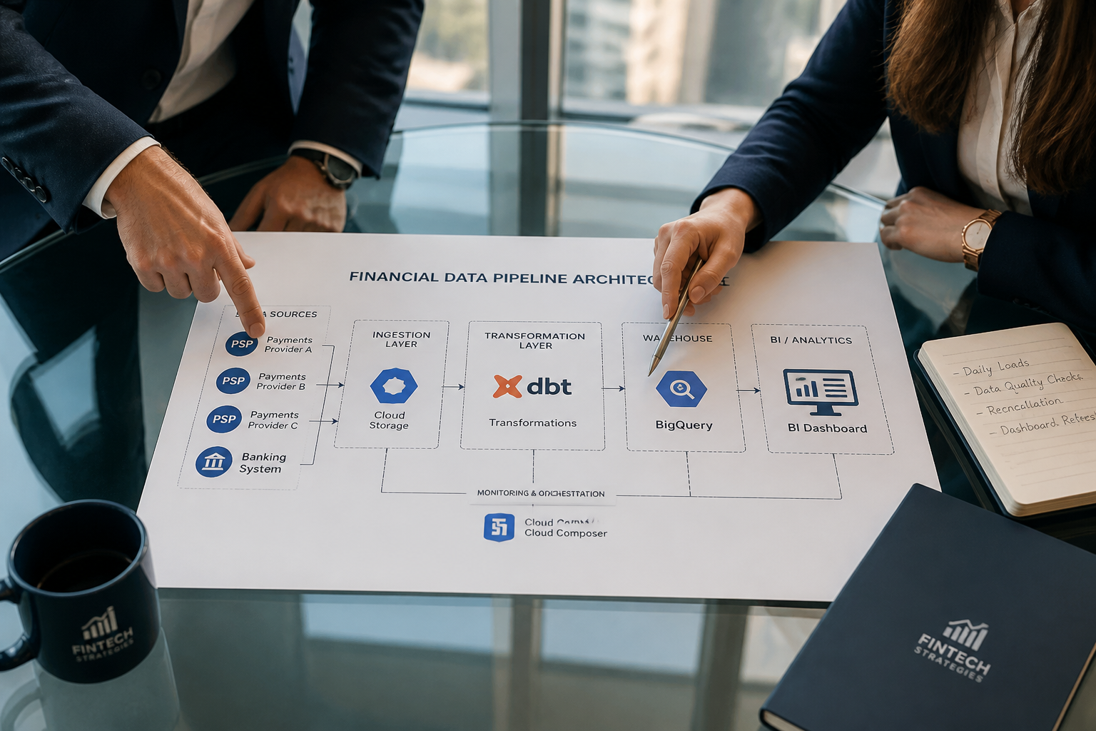 Two payments professionals reviewing a data pipeline architecture diagram for authorization rate analytics