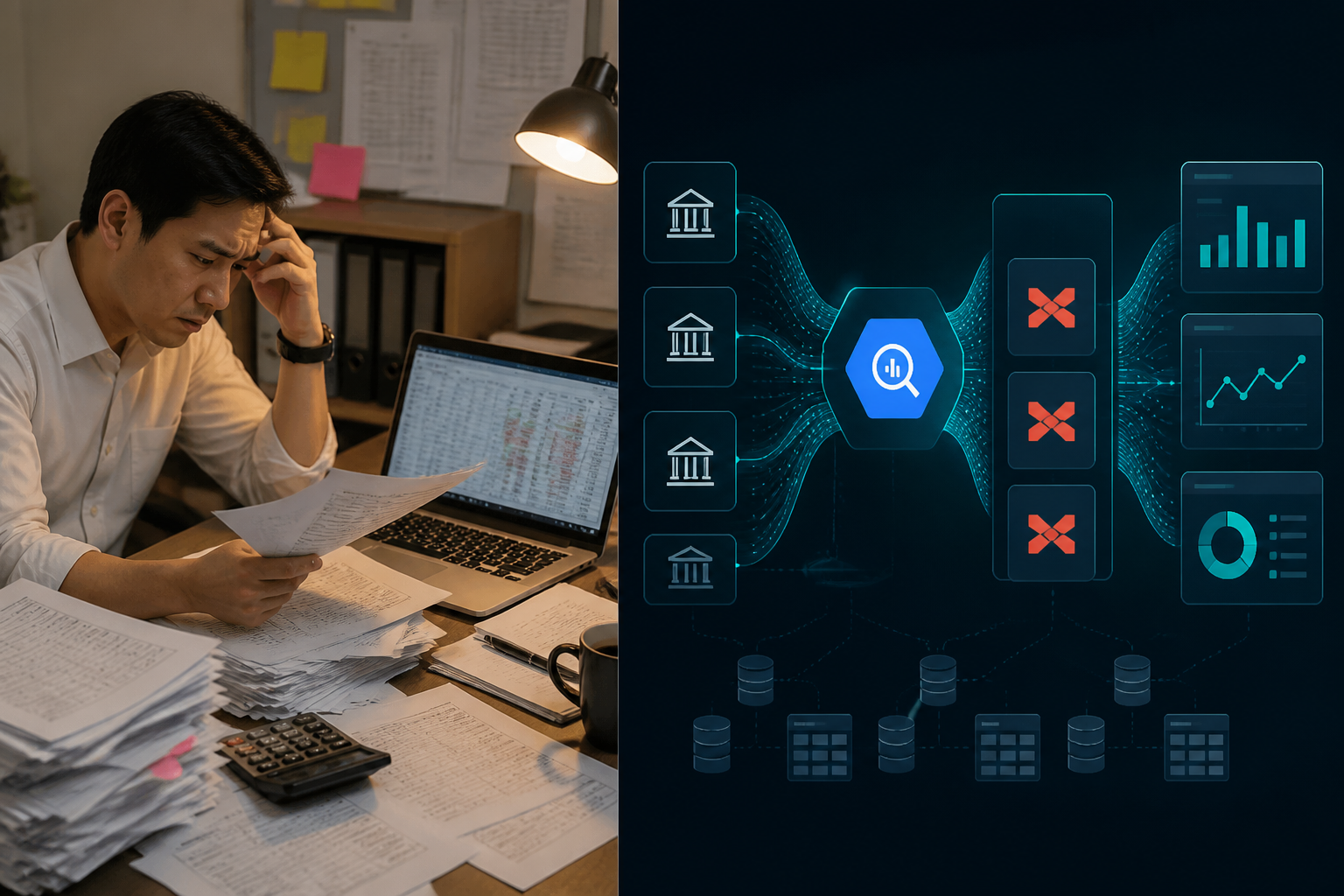 Comparison of manual payment reconciliation spreadsheet versus automated dbt and BigQuery payment data pipeline