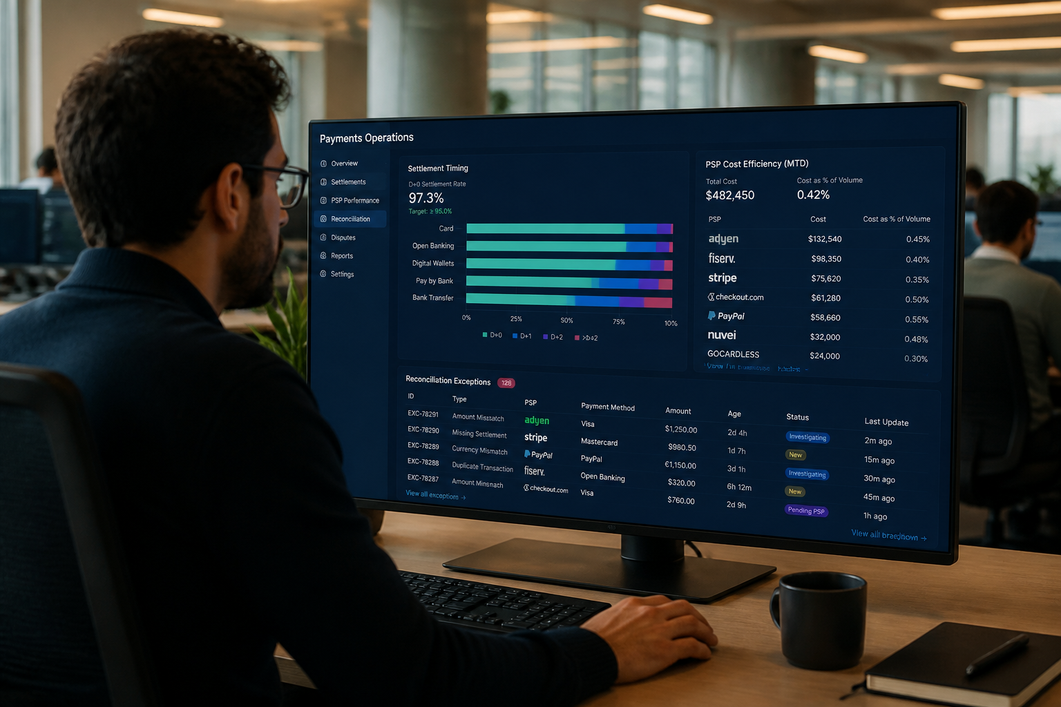 Fintech ops analyst reviewing payment operations analytics dashboard showing settlement timing and PSP cost metrics