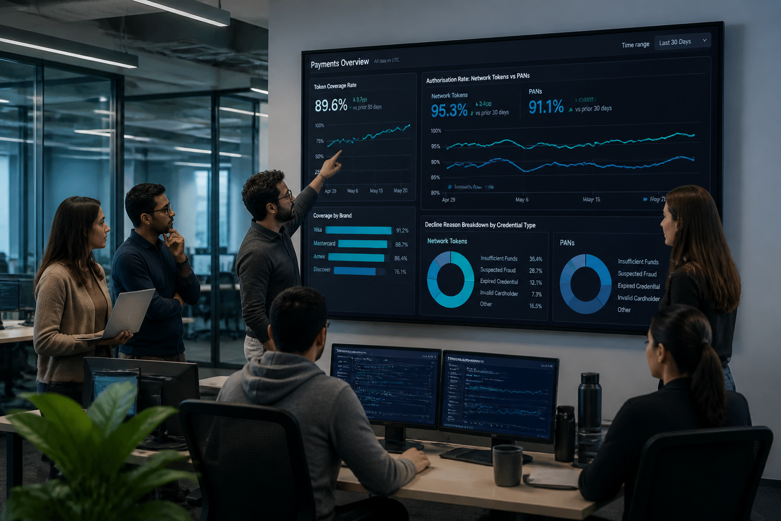 Fintech analytics team reviewing network token authorisation rate dashboard on office screens