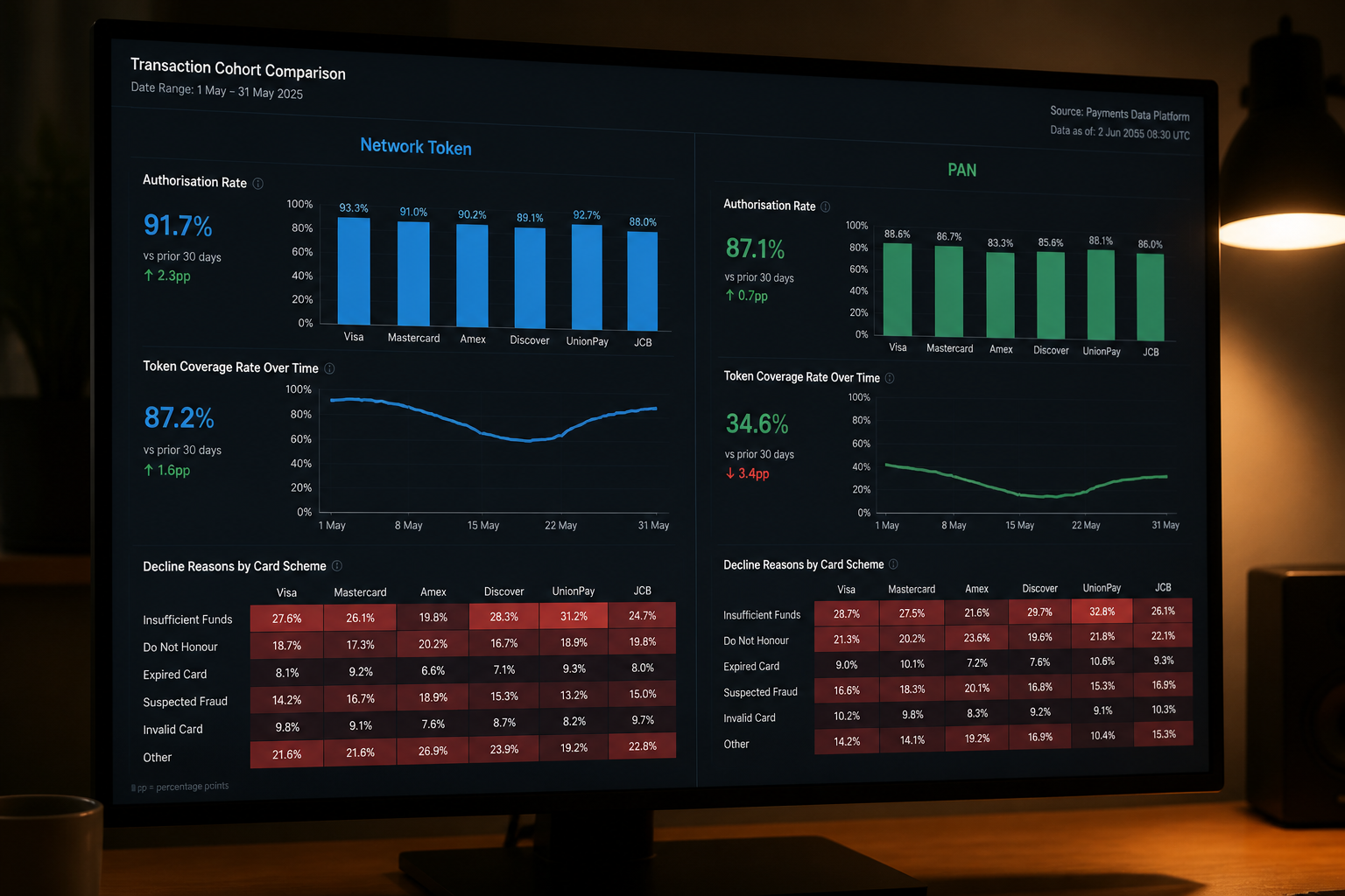 Split-screen data visualisation comparing network token versus PAN payment performance metrics