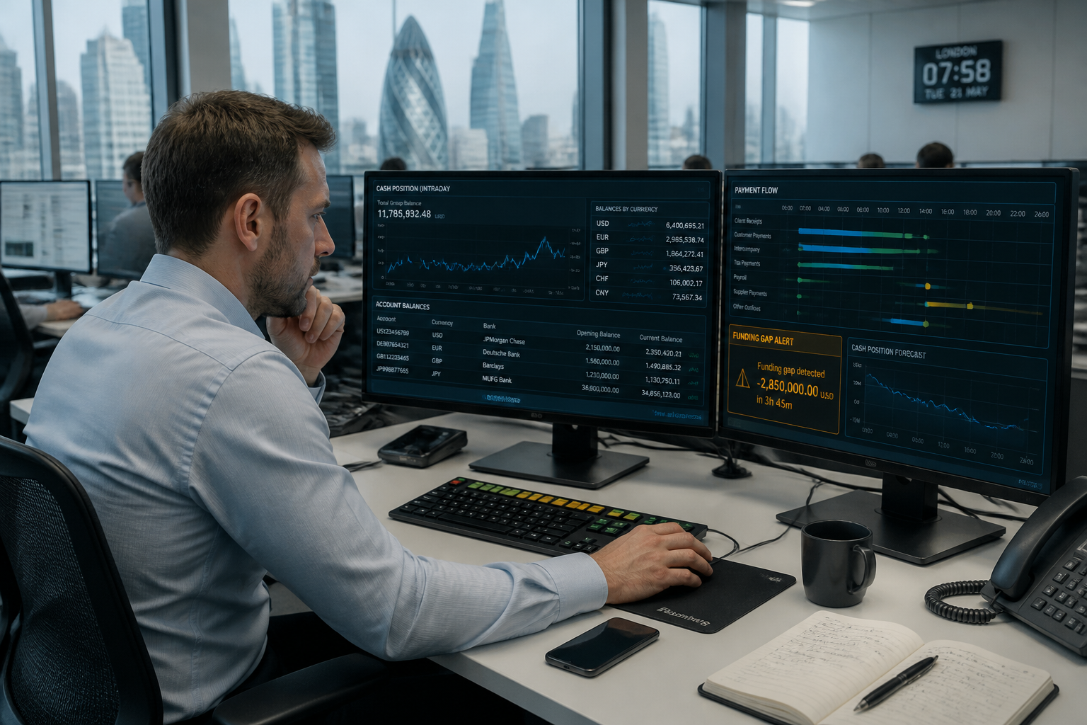 Fintech treasury analyst monitoring real-time intraday cash position dashboard across multiple currencies