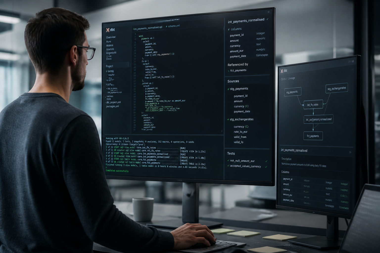 Data engineer building a dbt FX currency normalisation pipeline for a fintech data warehouse