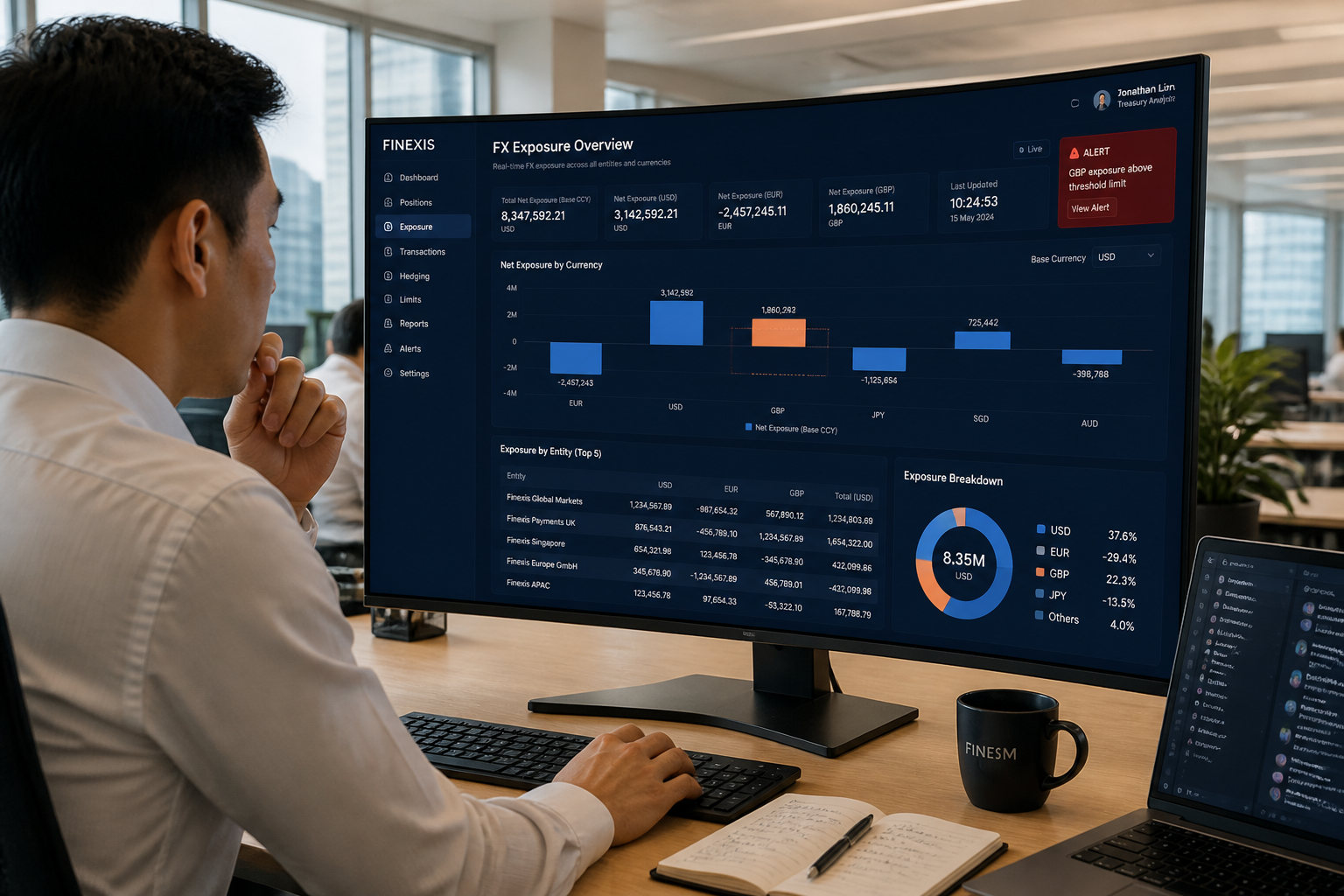 Fintech treasury analyst reviewing real-time FX exposure analytics dashboard showing multi-currency net positions