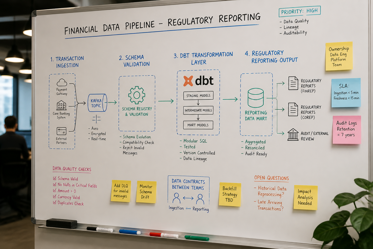 Data engineering team whiteboard showing RegTech compliance pipeline architecture with dbt transformation layers