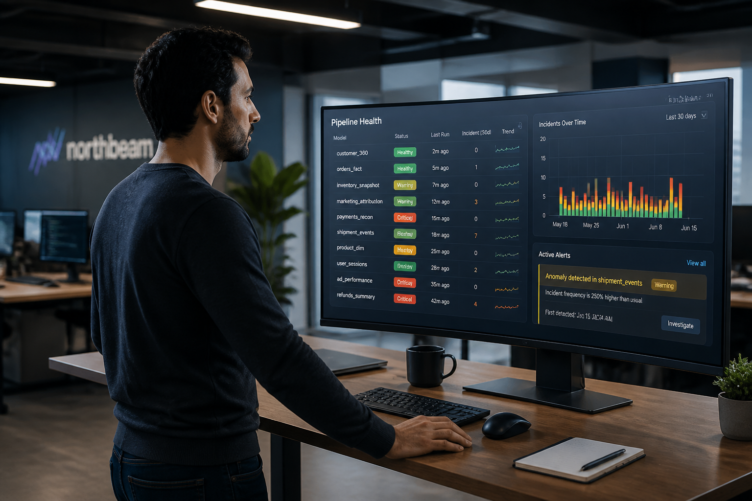 Data engineer reviewing pipeline incident analytics dashboard showing model failure rates and anomaly alerts