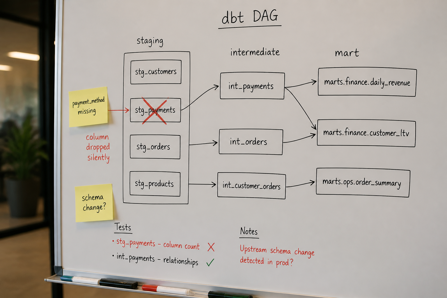 Whiteboard dbt DAG diagram showing silent column drop in staging model at fintech engineering office