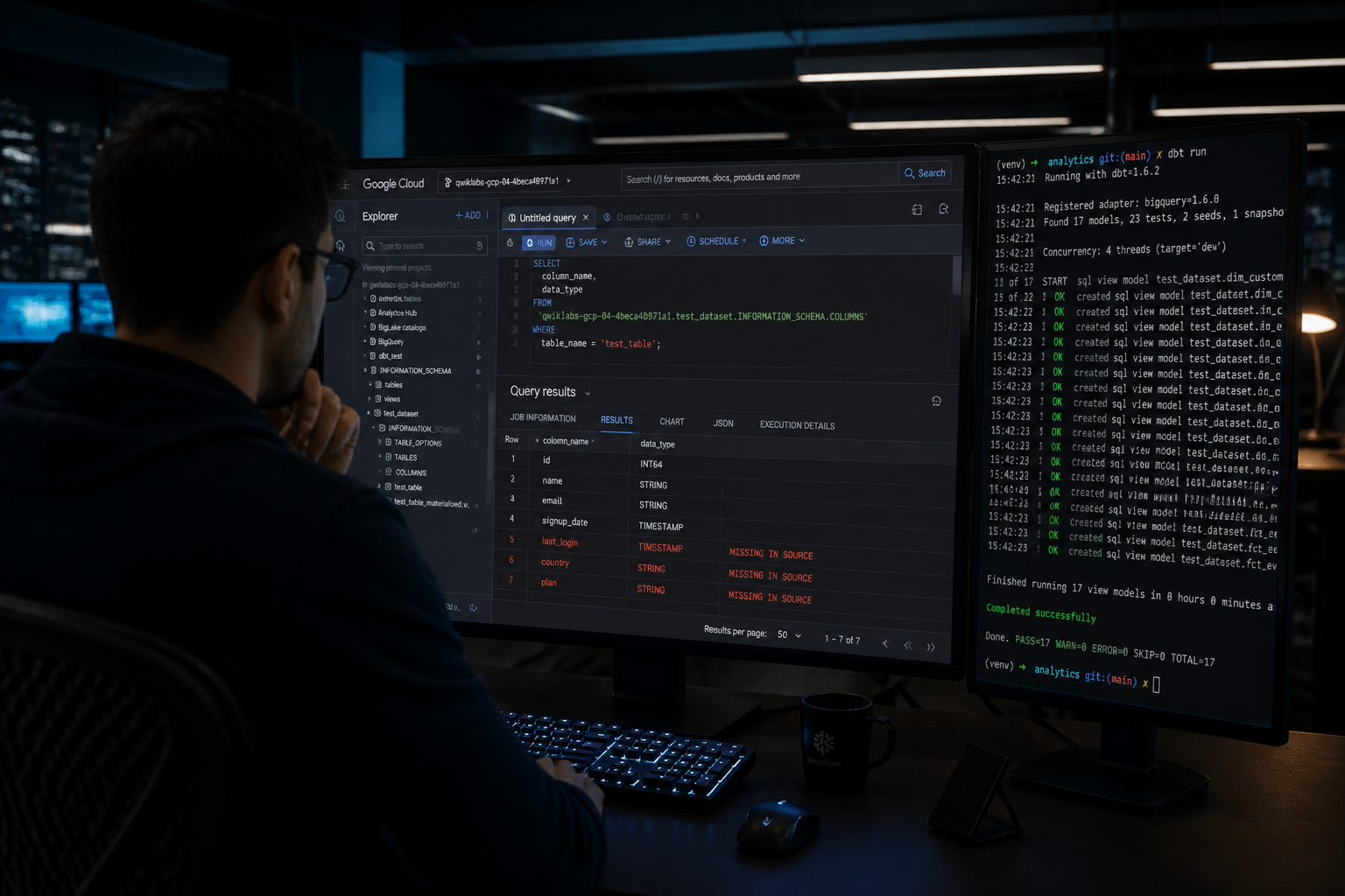 Data engineer detecting dbt schema drift in BigQuery INFORMATION_SCHEMA on dual monitors at night
