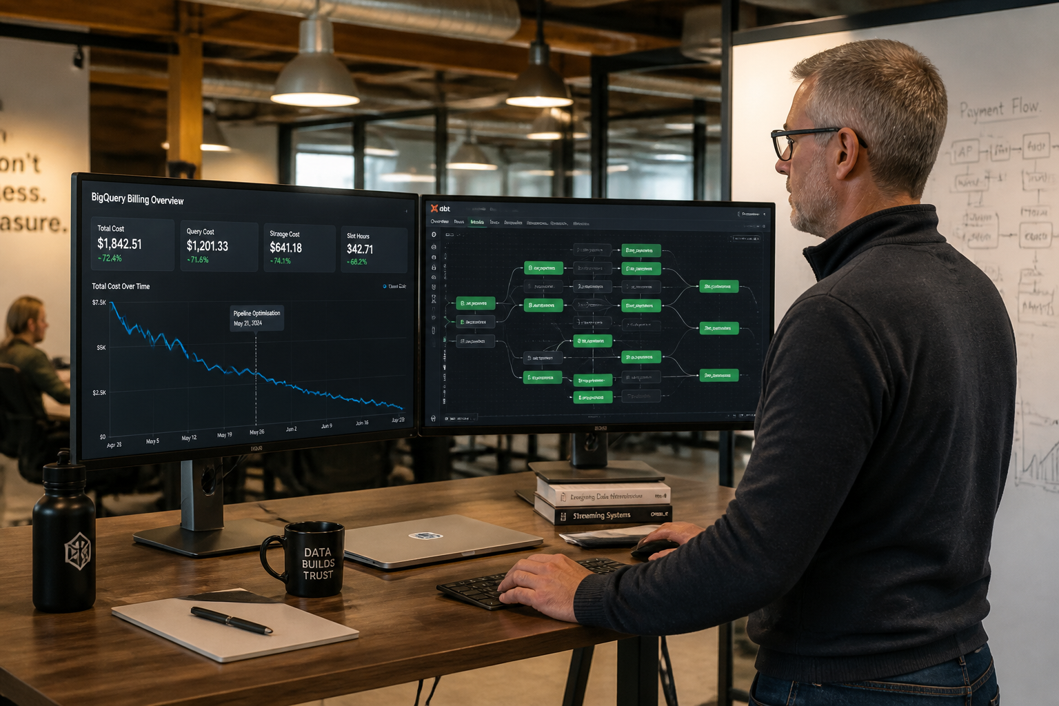 Data engineer reviewing BigQuery cost reduction dashboard after dbt incremental model optimisation