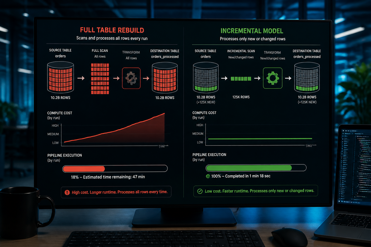 dbt incremental model vs full table rebuild cost comparison diagram on engineering workstation
