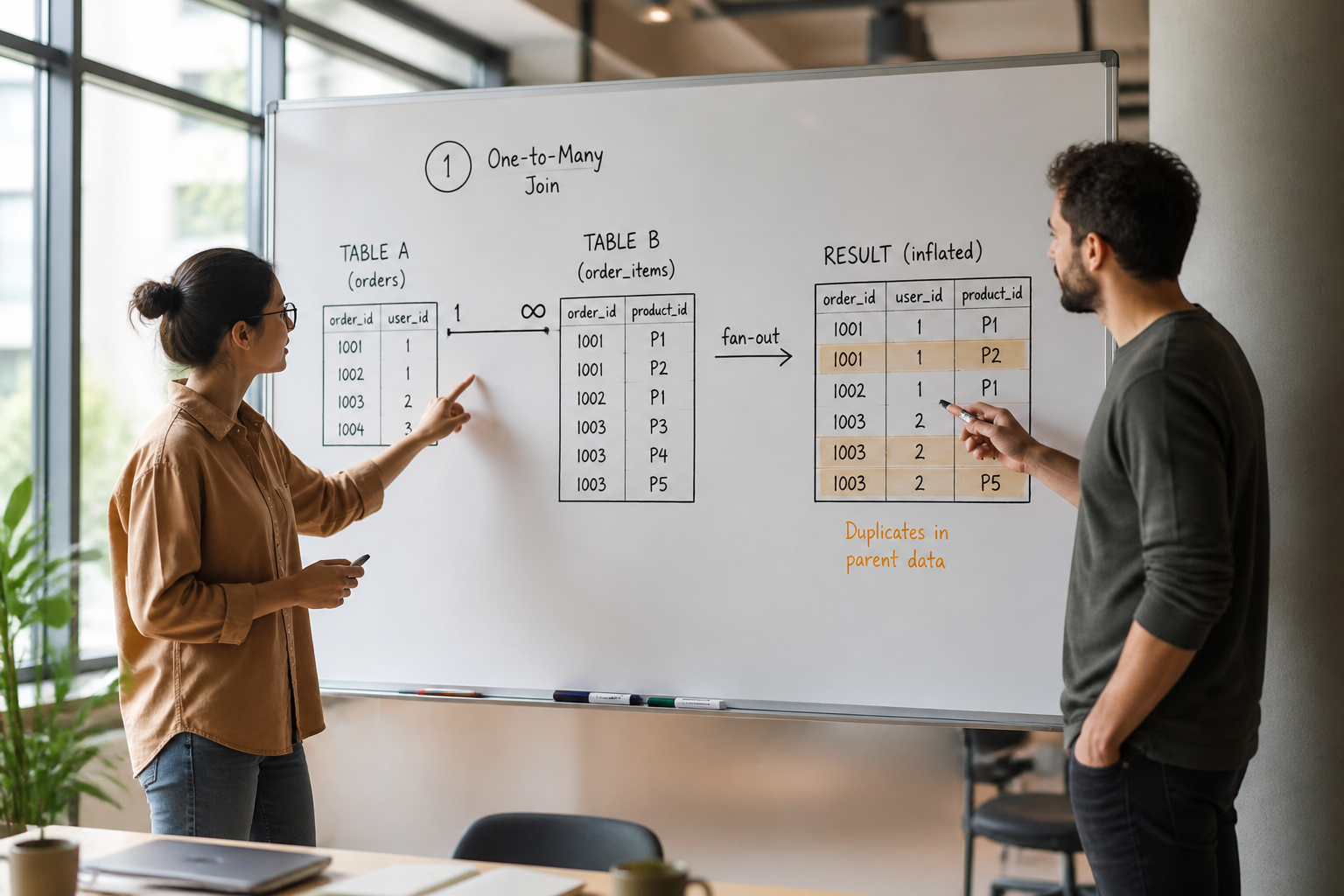 Data engineers at whiteboard diagnosing a dbt fan-out join producing duplicate rows in a pipeline diagram