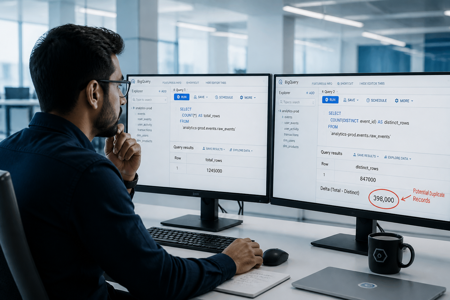 Analytics engineer reviewing dbt BigQuery query results showing inflated row count from a fan-out join