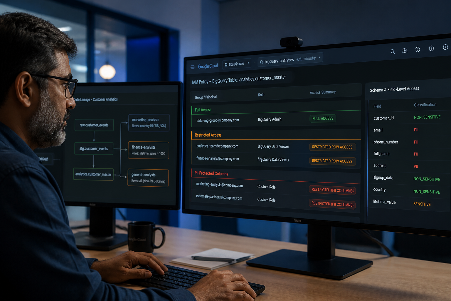 Data engineer configuring BigQuery row-level and column-level security access policies on dual monitors