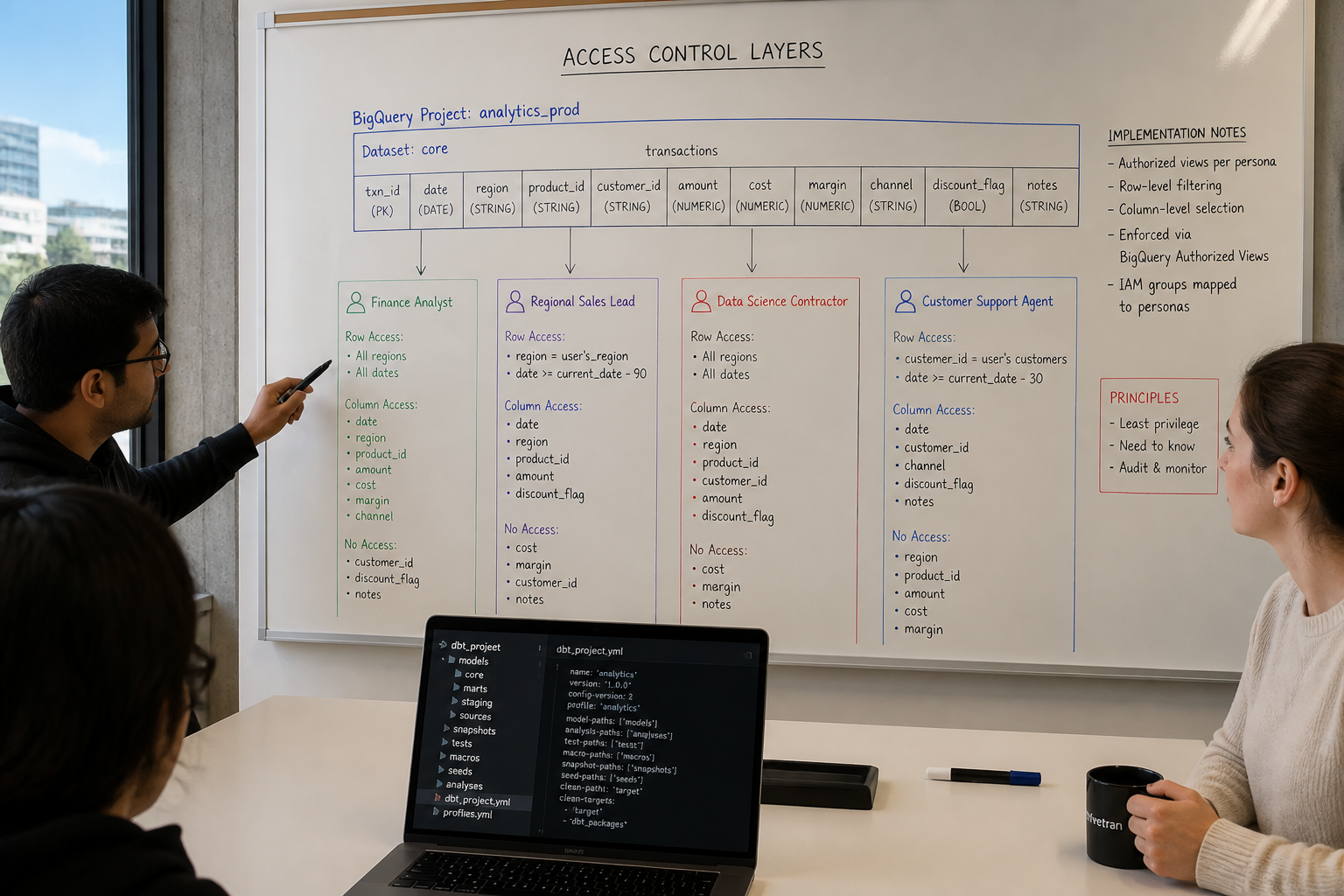 Startup data architect whiteboarding BigQuery fine-grained access control tiers for multi-team analytics