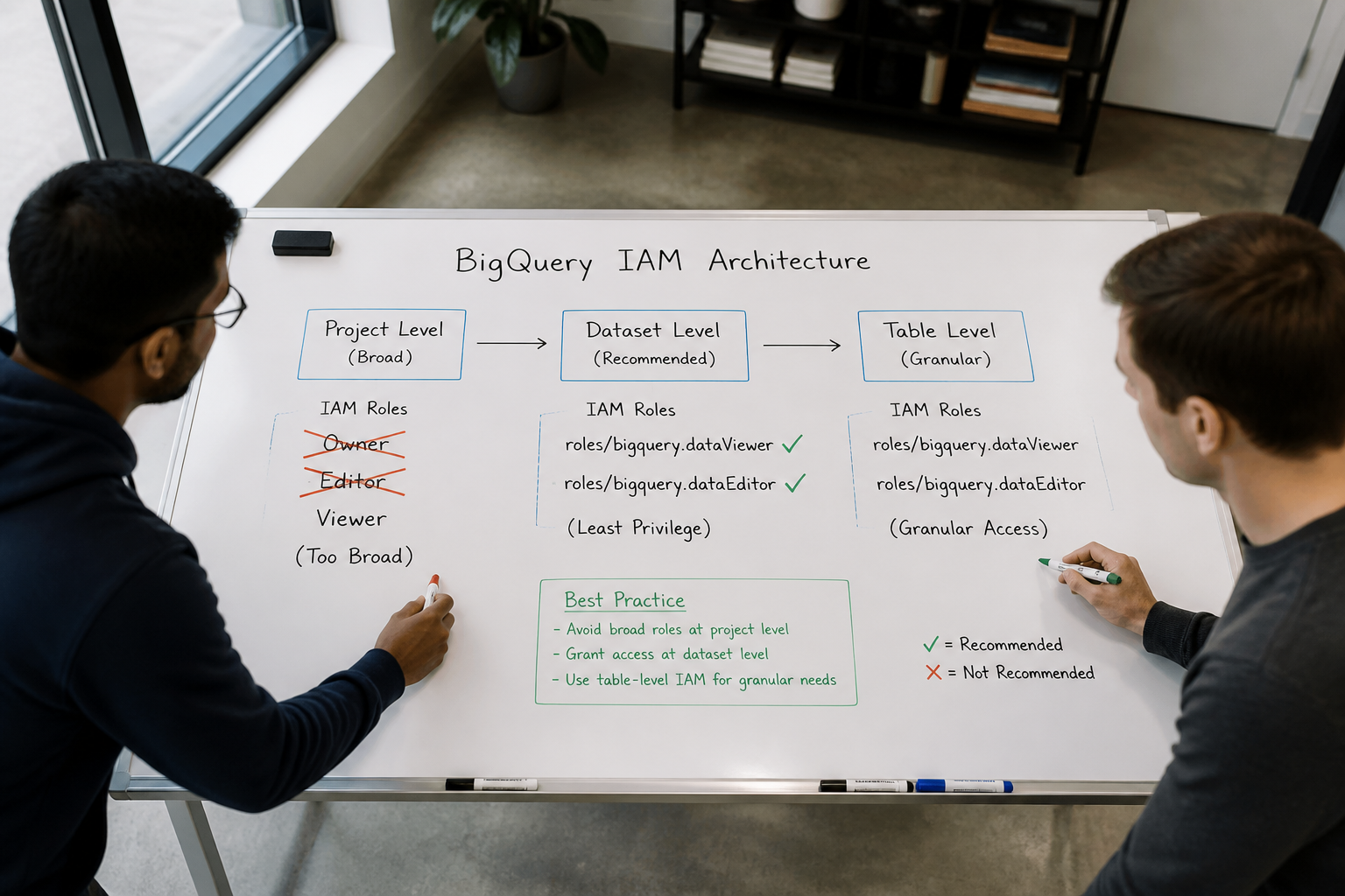Engineers designing BigQuery least-privilege IAM architecture on office whiteboard