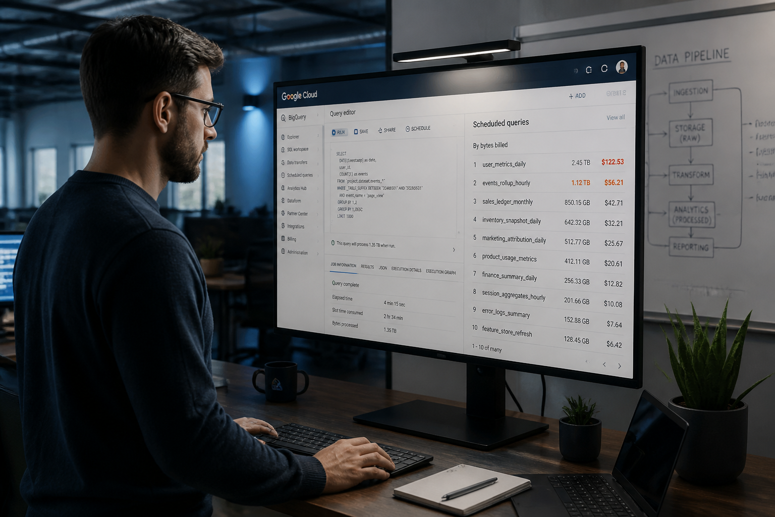 Data engineer diagnosing BigQuery scheduled query costs using INFORMATION_SCHEMA SQL console