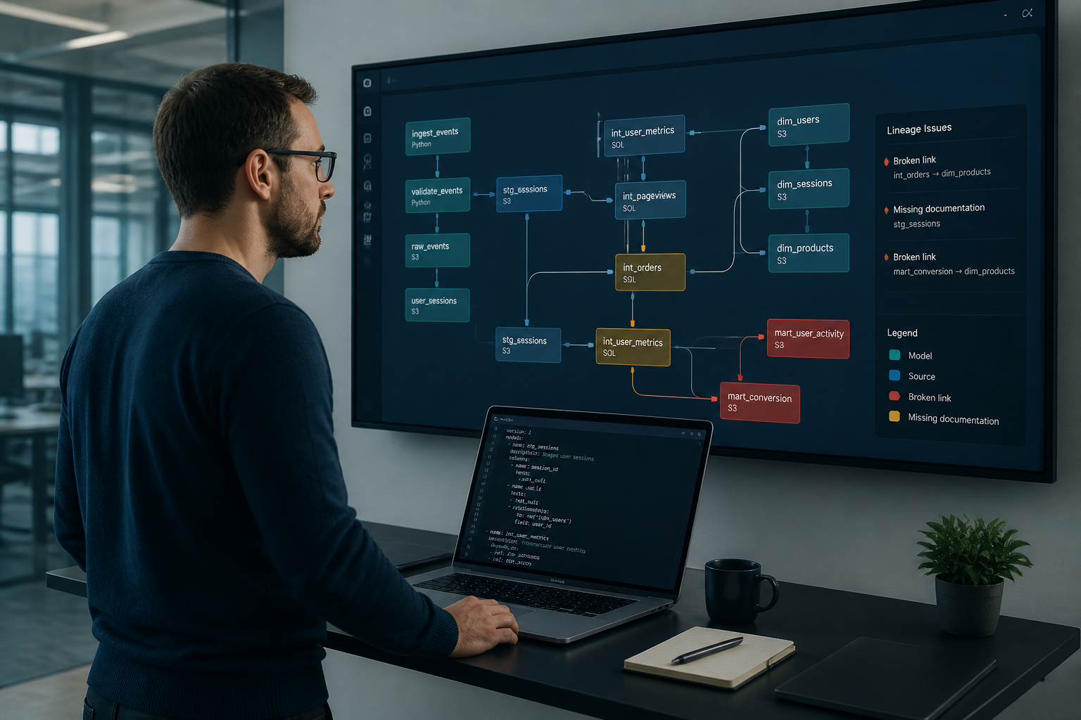 Data engineer reviewing dbt DAG model lineage dependencies with broken links highlighted on monitor
