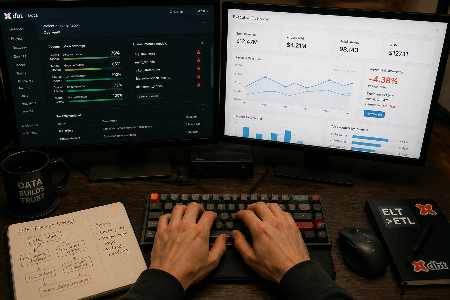 Developer examining dbt documentation coverage report alongside BI dashboard showing revenue metric discrepancy