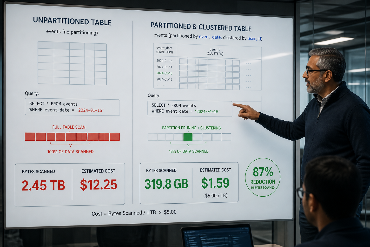 BigQuery table design comparison whiteboard showing full scan cost versus correctly partitioned and clustered table savings