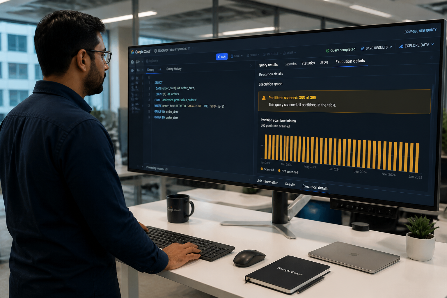 Data engineer reviewing BigQuery partition scan warning showing all 365 partitions scanned on ultrawide monitor