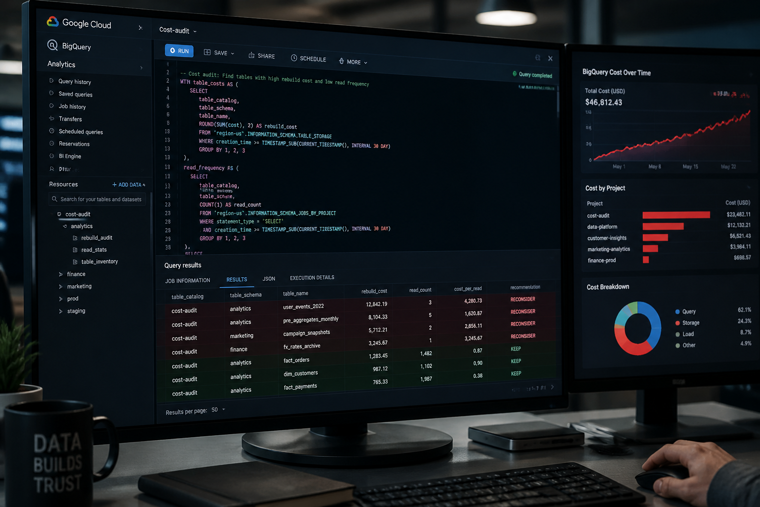 BigQuery cost audit query detecting over-materialised dbt table models in analytics dataset