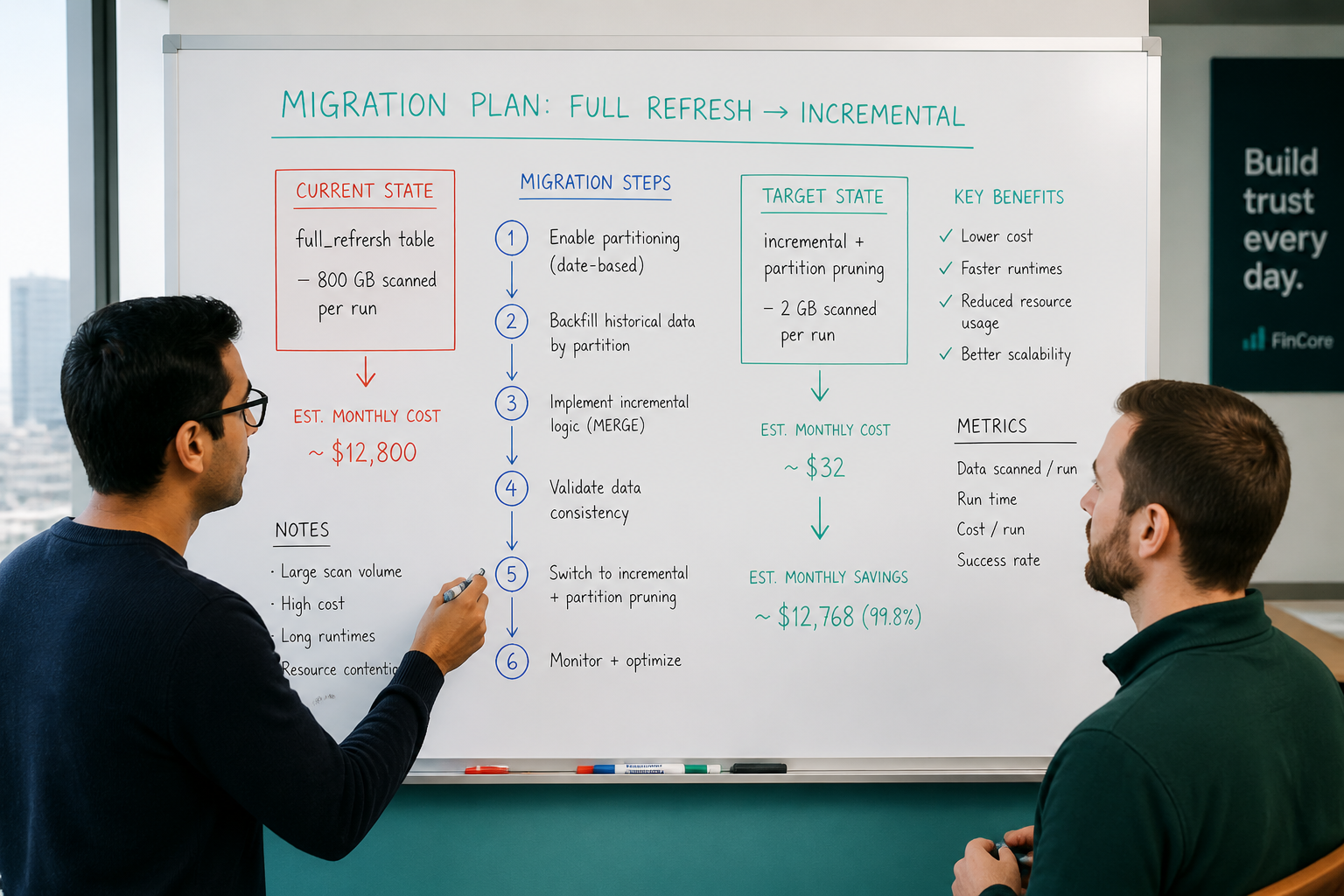 Two engineers planning a dbt full-refresh to incremental model migration on an office whiteboard