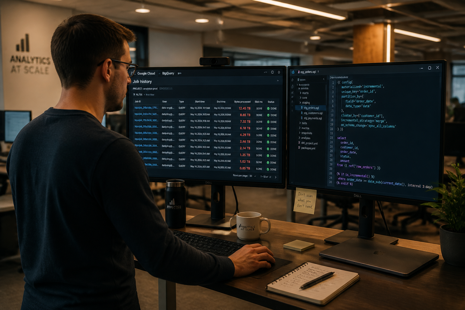 Data engineer reviewing BigQuery full-refresh model scan costs in a dbt project on dual monitors