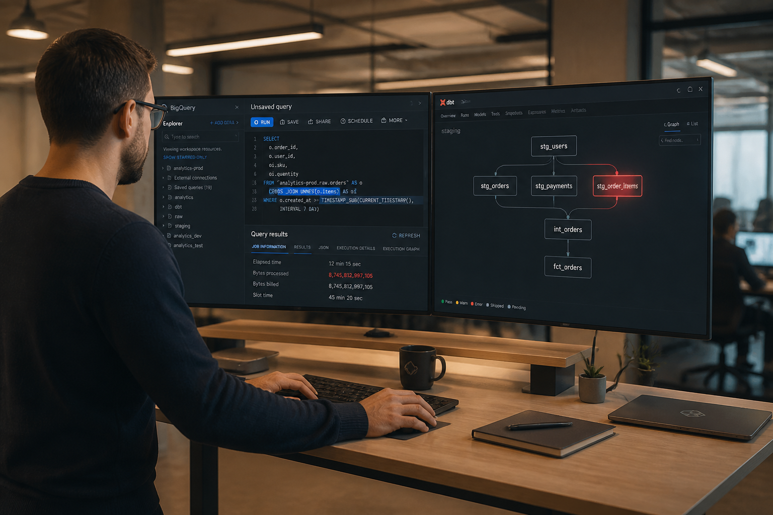 Data engineer reviewing BigQuery UNNEST query with inflated bytes billed highlighted in red on dual monitors