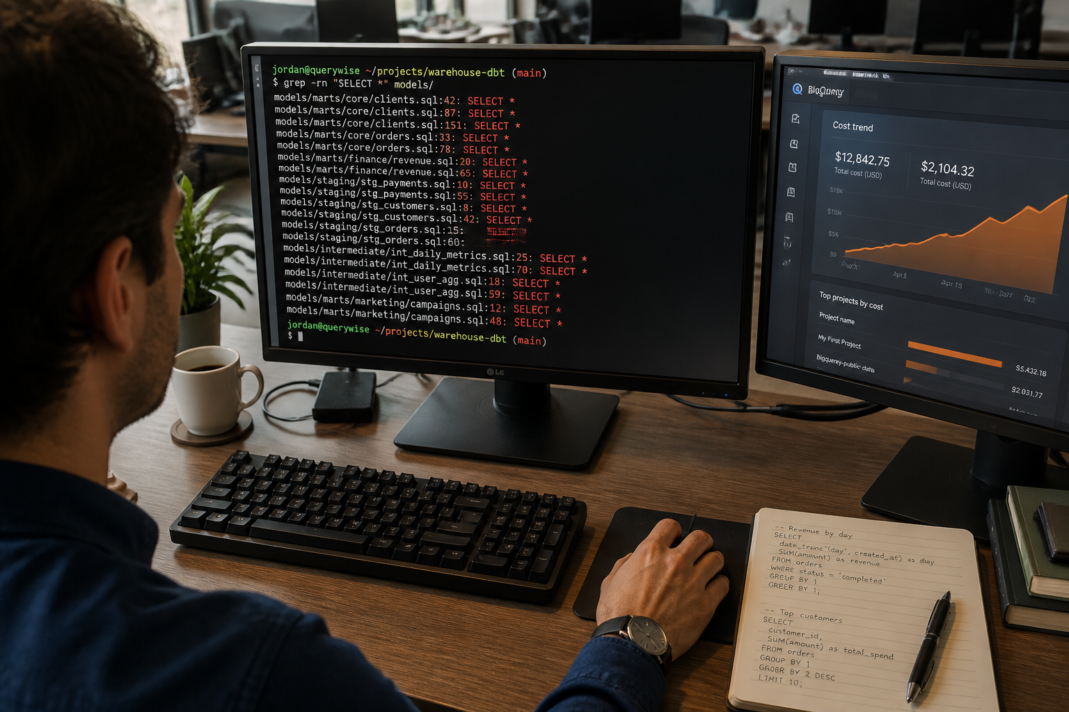 Data engineer reviewing dbt project grep results finding SELECT star in BigQuery models